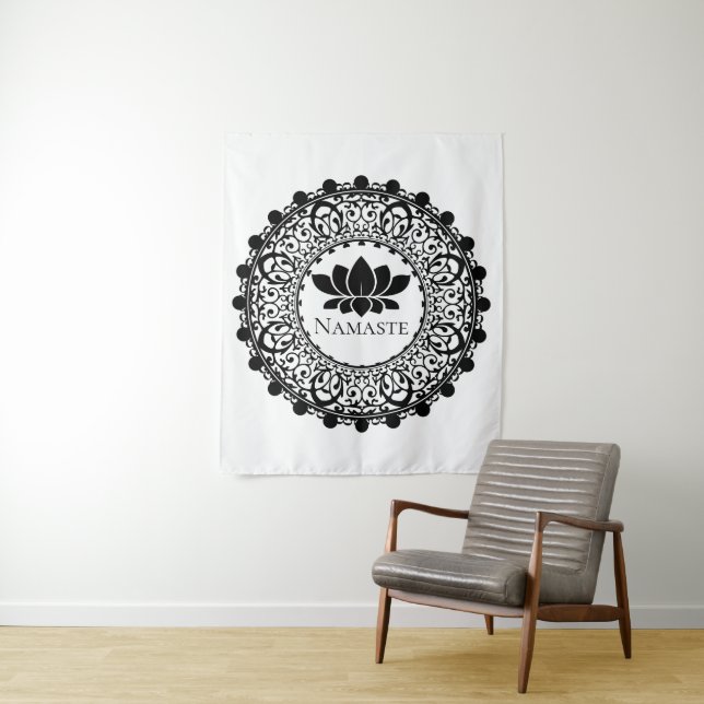 Tenture Yoga Black Mandala Namaste Lotus (En situation)
