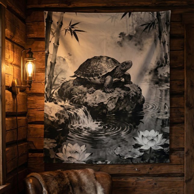 Tenture Zen Turtle Tapestry | Lotus Pond Ink Art  (Créateur téléchargé)