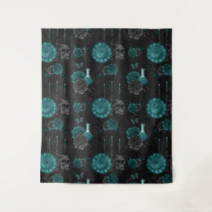 Tenture Zodiac Magie   Turquoise foncé vert crâne gothique