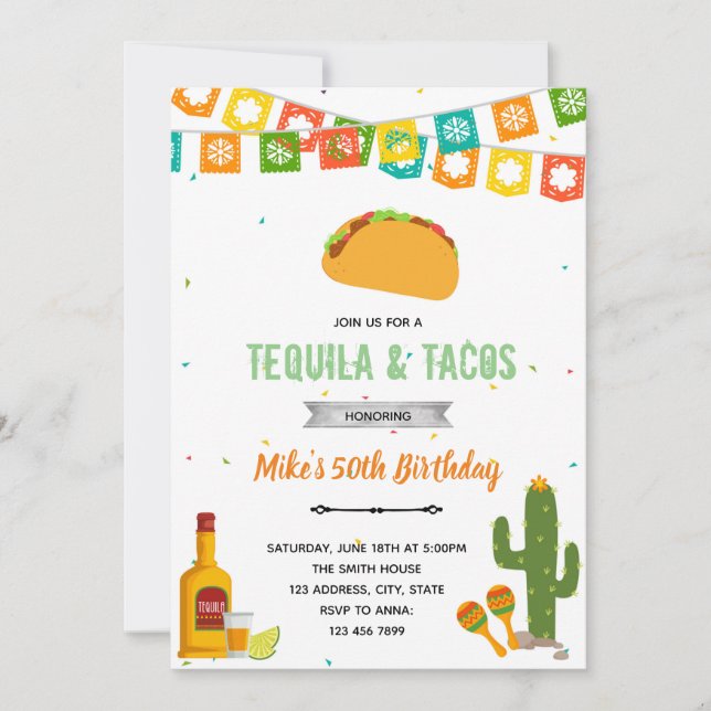 Tequila and tacos fiesta invitation (Front)