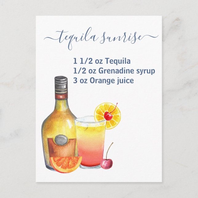 Tequila Sunrise Recipe Watercolor Postcard (Front)