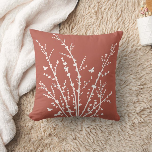 Teracotta Minimal Butterflies and Branches   Throw Pillow (Blanket)