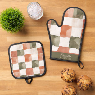 Terra Cotta and Green Gingham Oven Mitt & Pot Holder Set