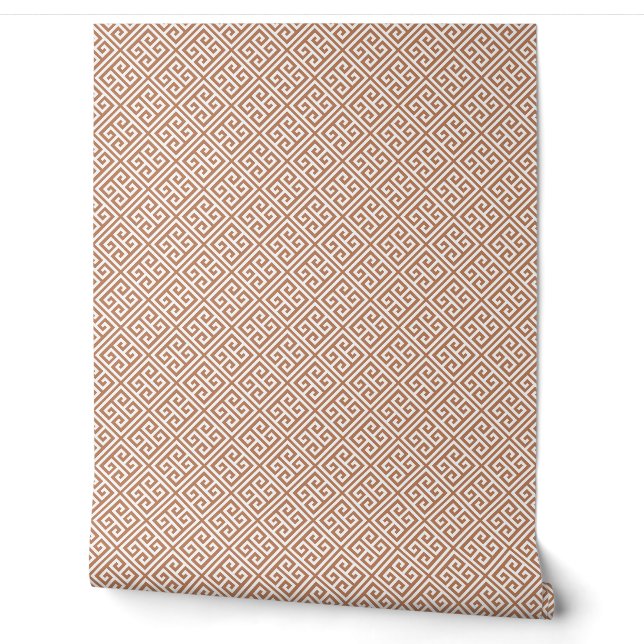 Terra Cotta and White Greek Key Pattern Wallpaper (Unrolling)
