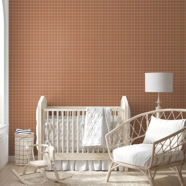 Terra Cotta and White Windowpane Check Wallpaper (Kids)