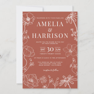 Terra Cotta Burnt Orange Floral Line Art Wedding Invitation