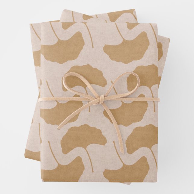 Terra Cotta & Cream Textured Gingko Leaves Wrapping Paper Sheet (In situ)