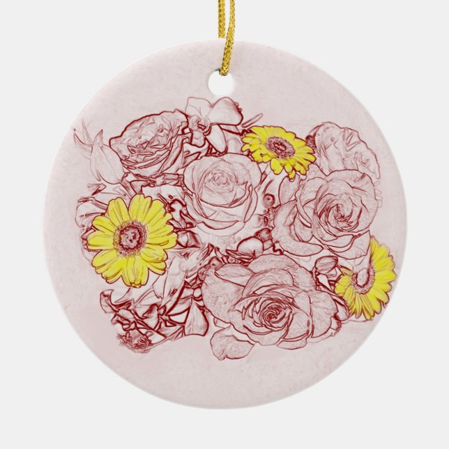 Terra  Cotta Etched Floral Bouquet Yellow Daisies Ceramic Ornament (Front)