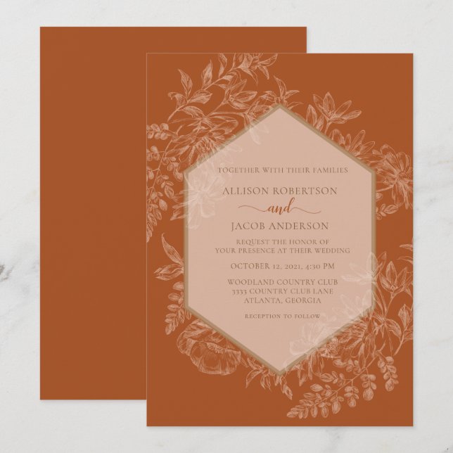 Terra Cotta Geometric Floral Wedding Invitation (Front/Back)
