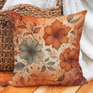 Terra Cotta Grey Floral Warm Earth Tones Throw Pillow