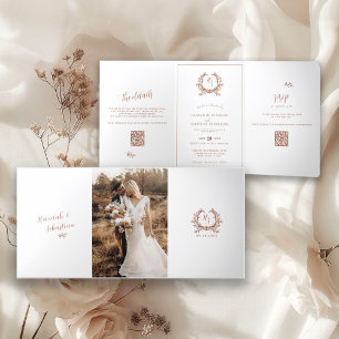 Terra Cotta Monogram Photo QR Code RSVP/Details Tri-Fold Card