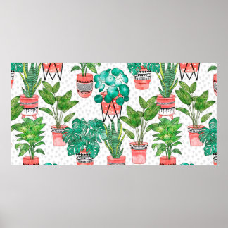 Terra cotta Pots Watercolor House Plants Seamless  Poster