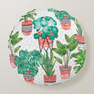 Terra cotta Pots Watercolor House Plants Seamless  Round Pillow