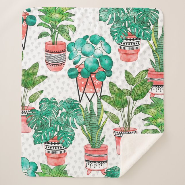 Terra cotta Pots Watercolor House Plants Seamless  Sherpa Blanket (Front)
