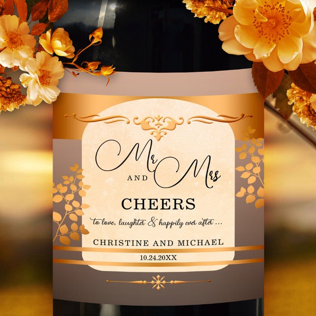 Terra Cotta Rose Gold Mariage Vin Étiquette (Elegant wedding wine label in rose gold and terra cotta with fall leaves. Great for a fall wedding)