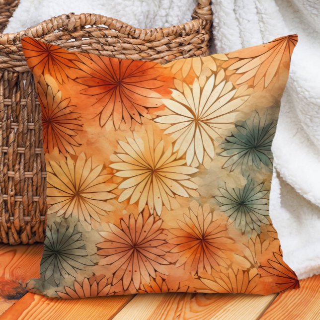 Terra Cotta Teal Cream Flowers Warm Earth Tones  Throw Pillow (Burnt orange and teal floral decorator pillow)