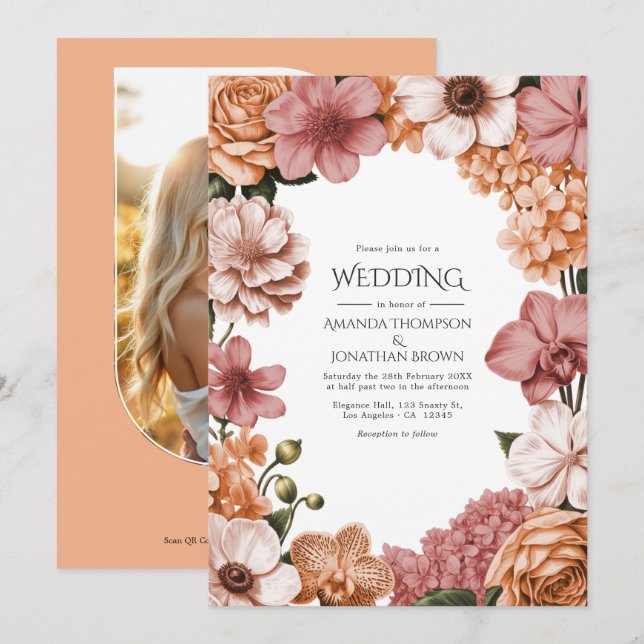 Terra Peach, Clay Rose & Soft Blush Buff Wedding Invitation (Front/Back)