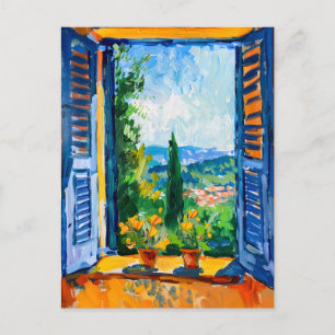 Terrace View of Mediterranean landscape. Painting Postcard