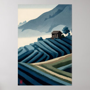 Terraced Fields Print Calm Landscape with Cabin