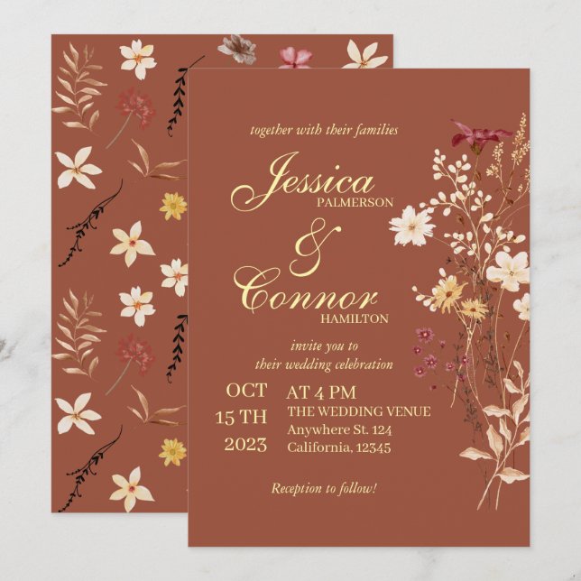 Terracota Colourful Wildflowers boho Wedding Invitation (Front/Back)