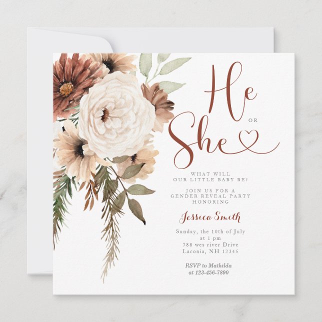 Terracota Floral Gender Reveal He or She Invitation (Front)