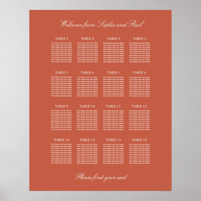 Terracotta 16 Table Wedding Seating Chart Poster (Front)