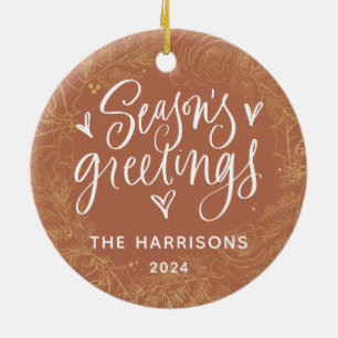 Terracotta 1-Photo Season's Greetings Two-Sided Ceramic Ornament