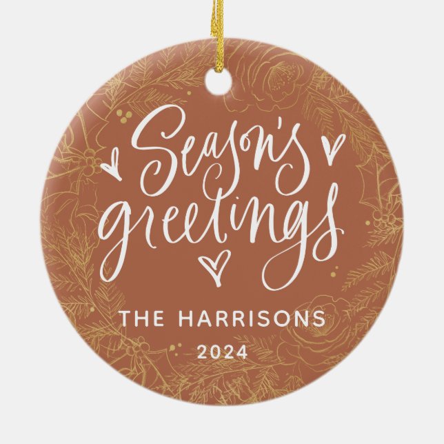 Terracotta 1-Photo Season's Greetings Two-Sided Ceramic Ornament (Back)