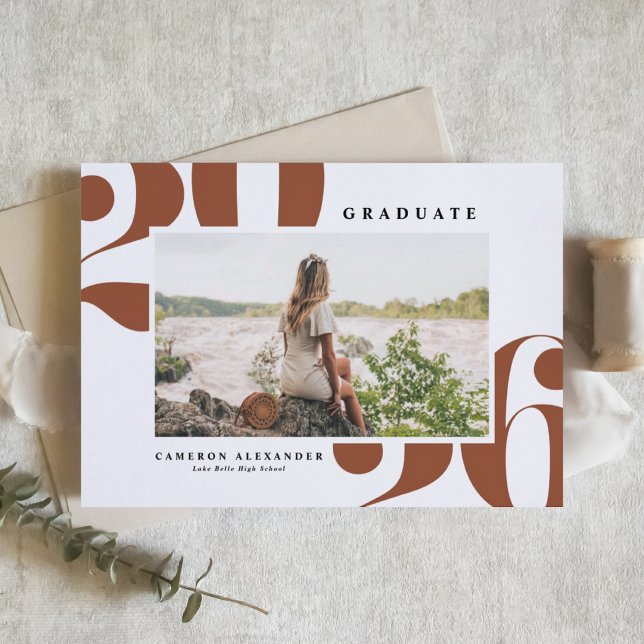 Terracotta 2025 Bold Typography Photo Graduation Announcement (Customizable terracotta photo graduation invitation featuring retro bold typography. )