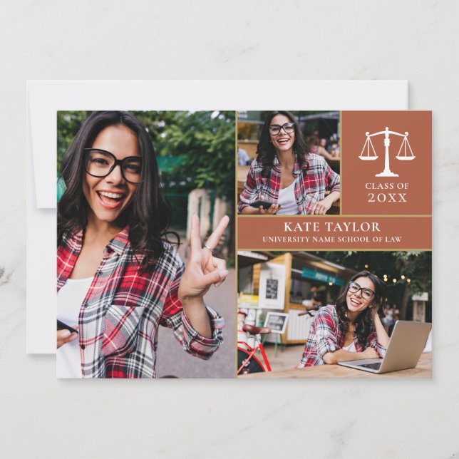 Terracotta 3 Photo Law School Graduation Party Invitation (Front)