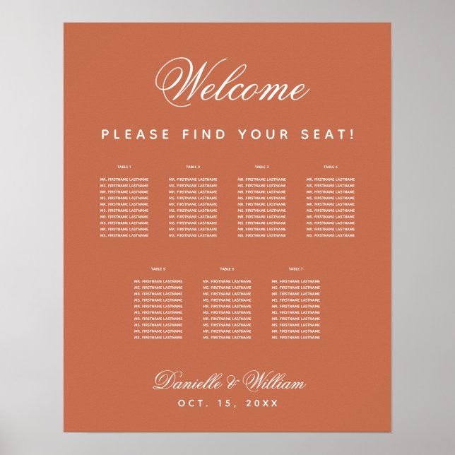 Terracotta 7 Tables Simple Wedding Seating Chart (Front)