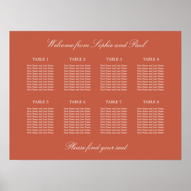 Terracotta 8 Table Wedding Seating Chart Poster (Front)