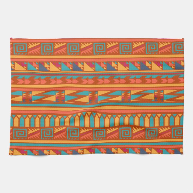 Terracotta Abstract Aztec Tribal Print Pattern Kitchen Towel (Horizontal)