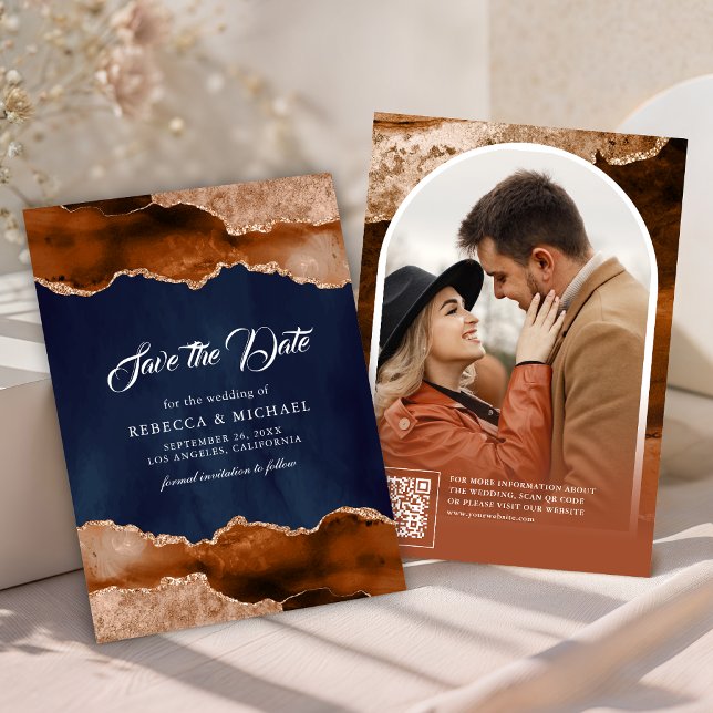 Terracotta Agate Marble Navy Blue Wedding Photo Save The Date (Creator Uploaded)