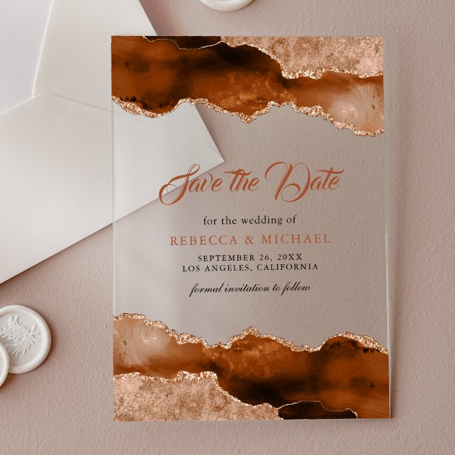 Terracotta Agate Marble Wedding Save the Date Acrylic Invitations (Creator Uploaded)