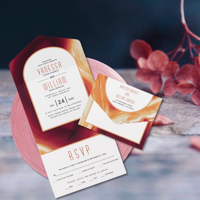 Terracotta agate slice geode fall wedding all in one invitation (Creator Uploaded)