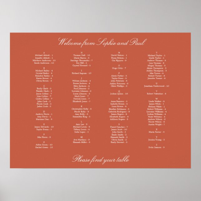 Terracotta Alphabetical Seating Chart Poster (Front)