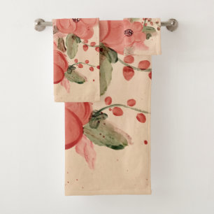 Terracotta And Beige Watercolour Floral Bath Towel Set