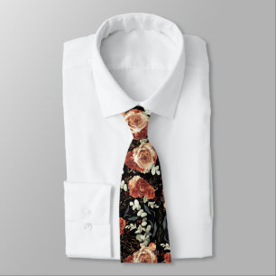 Terracotta and Black Floral Fall Wedding Neck Tie