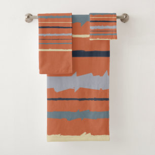 Terracotta and Blue Abstract Stripes Bath Towel Set