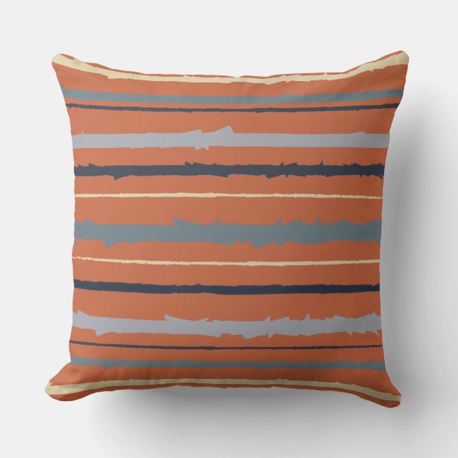 Terracotta and Blue Abstract Stripes Throw Pillow (Front)