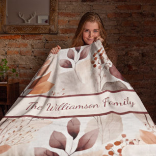 Terracotta and Burgundy Fall Leaves   Boho Autumn Sherpa Blanket
