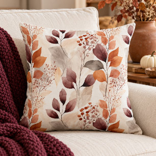 Terracotta and Burgundy Fall Leaves Boho Autumn Throw Pillow