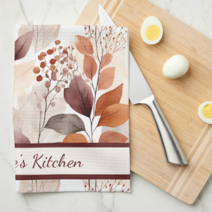 Terracotta and Burgundy Fall Leaves   Custom Boho Kitchen Towel