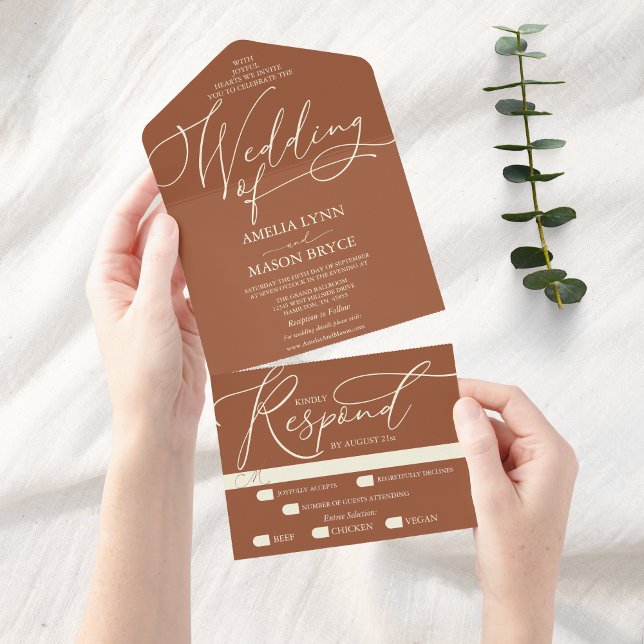 Terracotta and Cream Calligraphy Script Wedding All In One Invitation (Terracotta and Cream Elegant Script Wedding Initiation All in One)