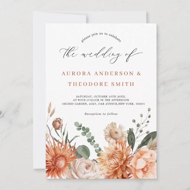 Terracotta and Emerald Green Rustic Floral Wedding Invitation (Front)