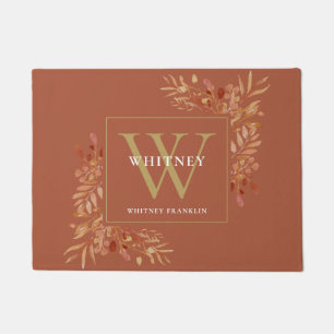 Terracotta And Gold Monogram Rustic Floral Doormat