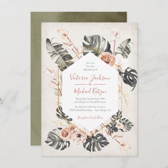 Terracotta and Green Tropical foliage Wedding Invitation (Front/Back)