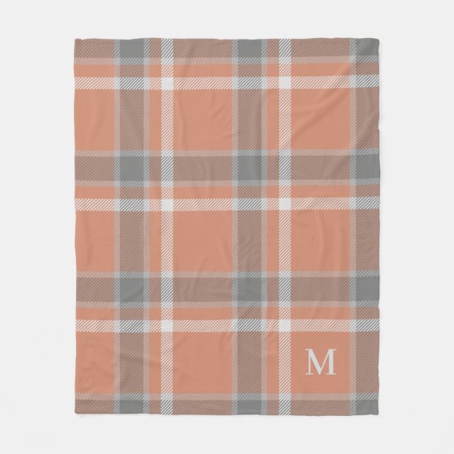 Terracotta and Grey Tartan Plaid with Monogram Fleece Blanket (Front)