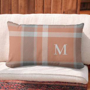 Terracotta and Grey Tartan Plaid with Monogram Lumbar Pillow